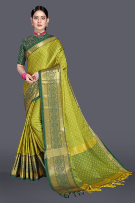 The Style Sanctuary Woven, Geometric Print, Floral Print, Self Design Bollywood Cotton Silk Saree(Yellow, Blue)