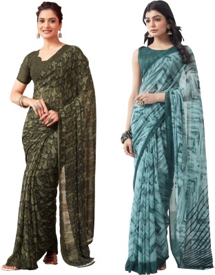 Samah Solid/Plain Daily Wear Georgette Saree(Pack of 2, Dark Green, Multicolor)