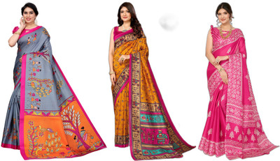 YASHIKA Printed, Woven Kanjivaram Art Silk Saree(Pack of 3, Grey, Yellow, Pink)