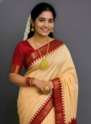 Sijileen Solid/Plain, Woven, Temple Border Sambalpuri Silk Blend Saree(Red)