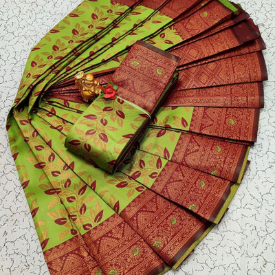 VASTUKALA Woven Kanjivaram Pure Silk, Art Silk Saree(Green, Maroon)