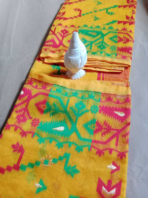 Soma Tant saree Mahal Self Design, Woven, Geometric Print Handloom Cotton Silk Saree(Yellow)