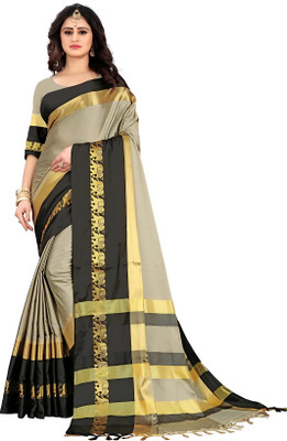 MoonTextile Temple Border Assam Silk Cotton Silk Saree(Beige, Black)