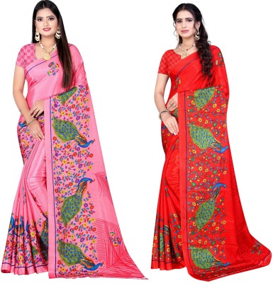 Leelavati Printed Bollywood Crepe Saree(Pack of 2, Pink, Red)