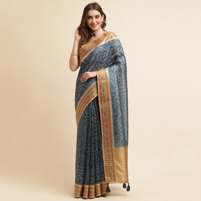 Divastri Printed Bandhani Silk Blend Saree(Blue)