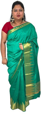 Generative Solid/Plain, Woven, Temple Border Daily Wear Organza Saree(Green)