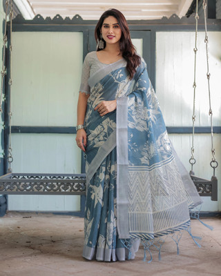 DHAYNAAND REEWA FASHION Floral Print Kanjivaram Linen Saree(Blue)