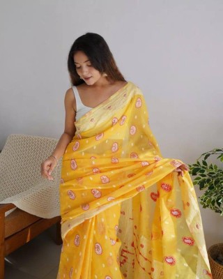 Orus Self Design, Embellished, Woven Bollywood Pure Silk, Jacquard Saree(Yellow)