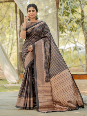Tasrika Printed Hand Batik Silk Blend Saree(Black)