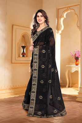 KHRITI FAB Embroidered Bollywood Jimmy choo Saree(Black)