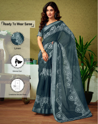 Satrani Floral Print, Printed, Embellished Bollywood Linen Saree(Grey, White)