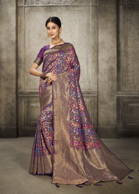 WISHLIST Striped Kanjivaram Silk Blend Saree(Purple)