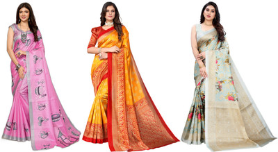 YASHIKA Printed Kanjivaram Art Silk Saree(Pack of 3, Pink, Yellow, Light Blue)