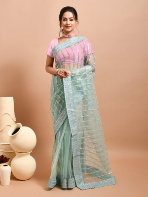 Rupeshwari Self Design Bollywood Net Saree(Blue)