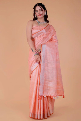 NEGRONI Solid/Plain Daily Wear Linen Saree(Orange)