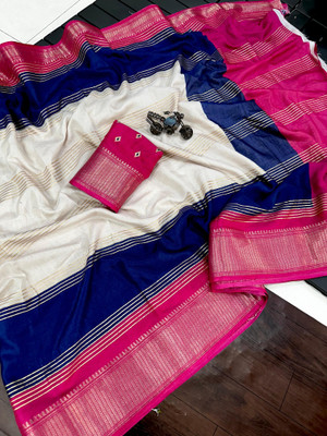 RegalDrapes Printed Bollywood Silk Blend Saree(Dark Blue, Pink)
