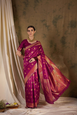 ShopGlobal Woven Banarasi Silk Blend Saree(Purple)
