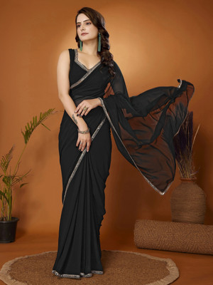 FABMORA Embellished, Solid/Plain Bollywood Georgette Saree(Black, Silver)