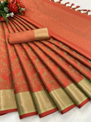 Juhi Collection Woven Kanjivaram Cotton Blend Saree(Orange)