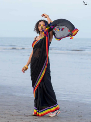 Lakshmi Boutique Solid/Plain, Striped, Self Design Handloom Handloom Mulmul Saree(Black)