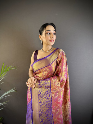 SHARDHA FASHION Woven, Embroidered, Embellished Banarasi Pure Silk Saree(Black, Yellow, Purple, Multicolor)