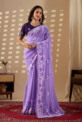 SILKORA Embroidered Bollywood Georgette Saree(Purple)
