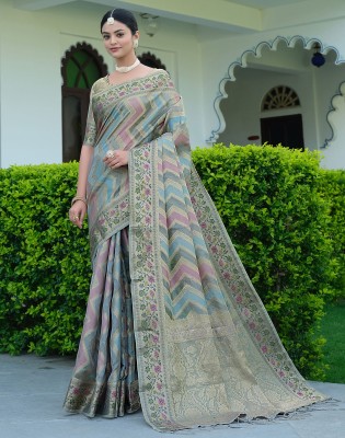 Satrani Woven, Embellished, Self Design Ikkat Organza, Jacquard Saree(Grey, Multicolor)