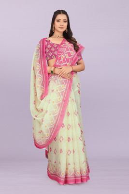 Rivaana Printed Bollywood Cotton Linen, Cotton Silk Saree(White)