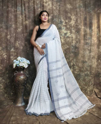 Pasum's Checkered, Self Design Ikkat Pure Cotton Saree(White, Grey)