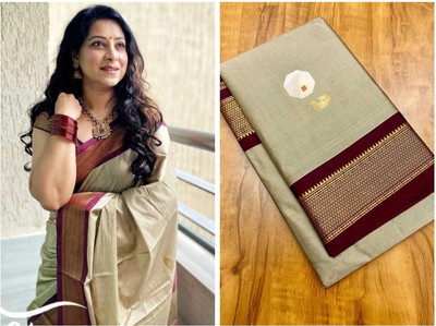 VEERAIVA Woven Paithani Cotton Silk Saree(Beige)