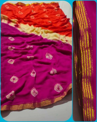 KHATRI AND SONS Self Design, Hand Painted, Color Block, Polka Print Bandhani Chiffon Saree(Red, Green)