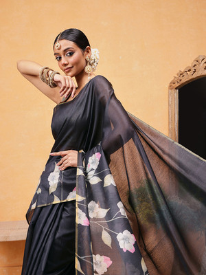 SILK ZONE Printed Chanderi Cotton Blend Saree(Black)