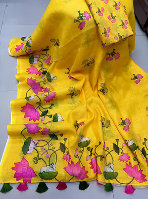 VCREATION Floral Print Bollywood Cotton Linen Saree(Yellow)
