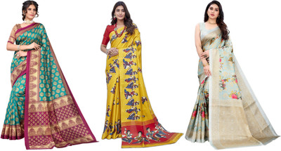 YASHIKA Printed, Woven Kanjivaram Art Silk Saree(Pack of 3, Blue, Yellow, Light Blue)