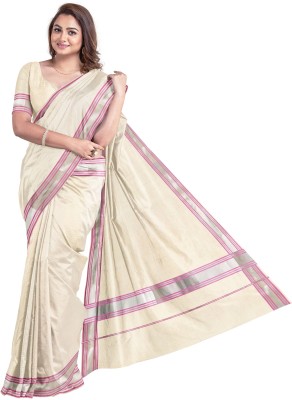 Chithra Fabrics Solid/Plain Kasavu Pure Cotton Saree(Pink)