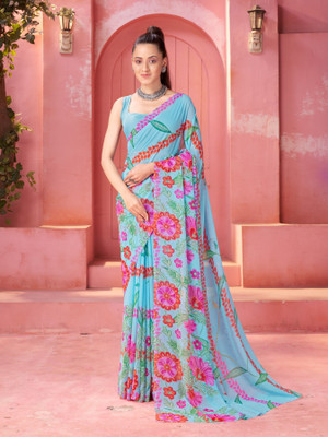 GARDEN VARELI Floral Print Bollywood Georgette Saree(Blue)