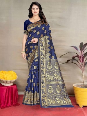 Pervas Woven, Self Design Kanjivaram Silk Blend, Cotton Silk Saree(Blue)