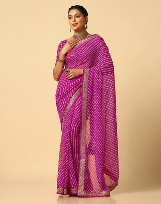 SIRIL Geometric Print, Embellished, Printed Leheria Georgette Saree(Pink)