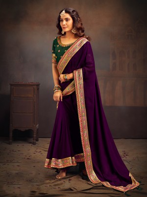 Divastri Embroidered Bollywood Silk Blend Saree(Purple)