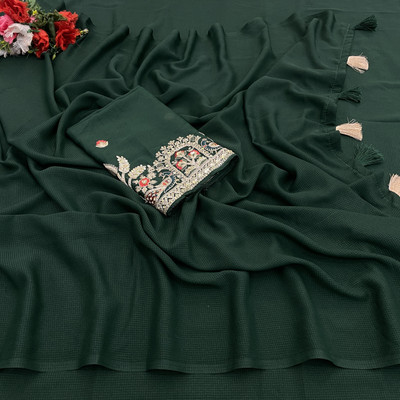 K 5 FASHION Embroidered, Solid/Plain Bollywood Georgette Saree(Dark Green)