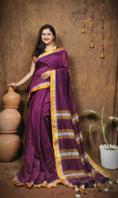 HARE KRISHNA ENTERPRISE Solid/Plain Handloom Cotton Silk Saree(Red)