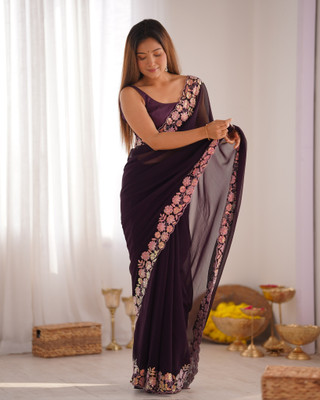 HouseOfCommon Solid/Plain, Embroidered Bollywood Georgette Saree(Purple)