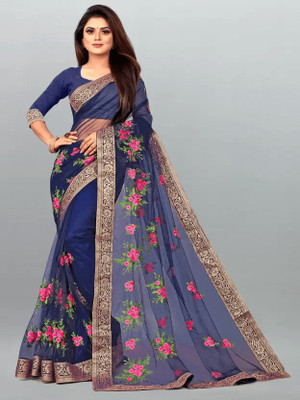 karkar Embroidered Bollywood Net Saree(Dark Blue)