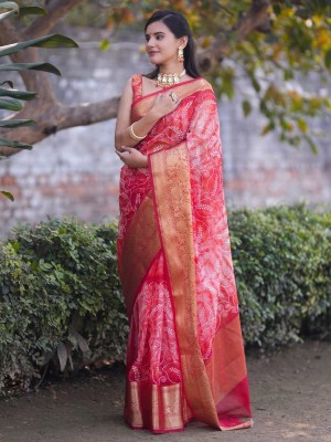 Muskan Collection Self Design Kanjivaram Organza Saree(Red)