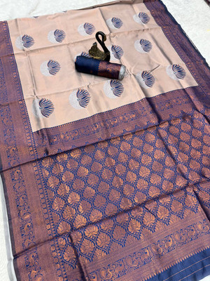 GATISHVAM TEXTILE Woven, Self Design Kanjivaram Art Silk Saree(Beige, Dark Blue)