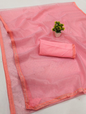 Anand Sarees Solid/Plain Bollywood Net, Lace Saree(Pink)