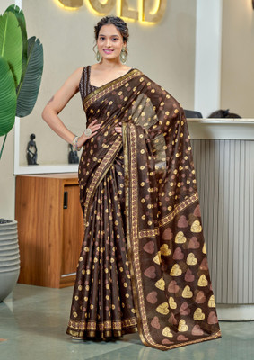Divastri Printed Chanderi Cotton Blend Saree(Brown)