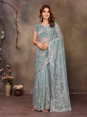 VIJAYAVALLABH Embroidered Bollywood Net Saree(Blue)