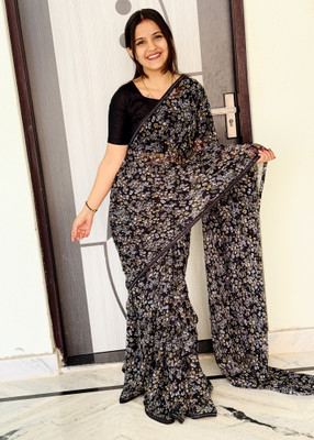 TELIRAJ.FASHION. Printed Bollywood Georgette Saree(Black)