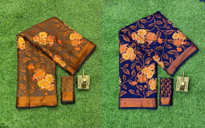 Sitanjali Floral Print Maheshwari Brasso Saree(Pack of 2, Blue)